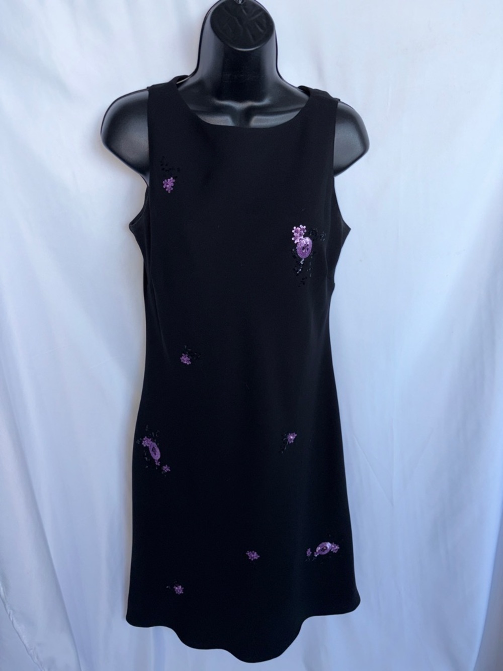 Evan Picone Black w purple Sequin Sheath, 10, Vtg, 21” PTP, 19” waist, 40” L
